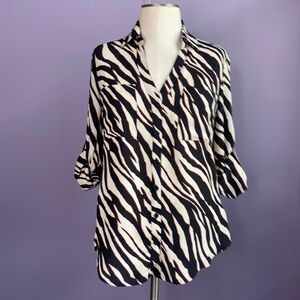 Express Safari Animal Print Beige Black Brown Button Up Long Sleeve Blouse XS